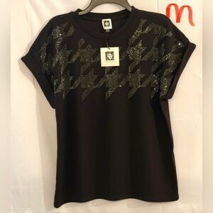 Anne Klein Black Tee with Sequin Houndstooth